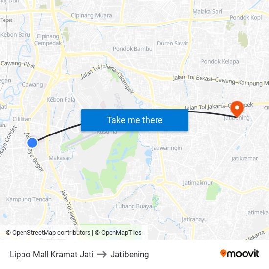 Lippo Mall Kramat Jati to Jatibening map