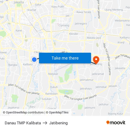 Danau TMP Kalibata to Jatibening map