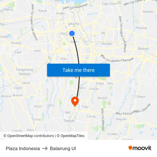 Plaza Indonesia to Balairung UI map