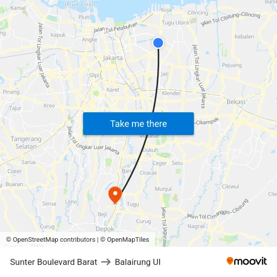 Sunter Boulevard Barat to Balairung UI map