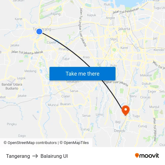 Tangerang to Balairung UI map