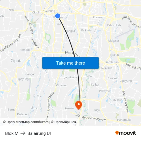 Blok M to Balairung UI map