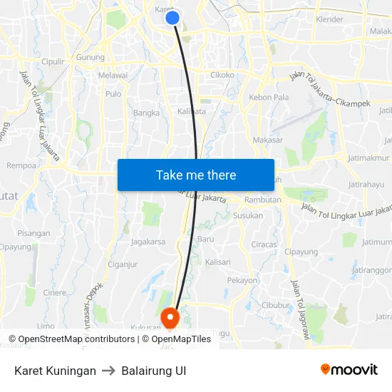 Karet Kuningan to Balairung UI map