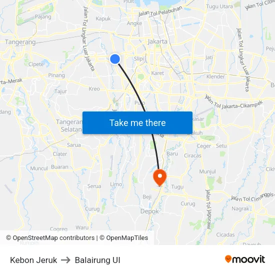 Kebon Jeruk to Balairung UI map