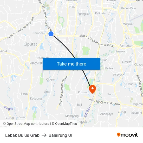Lebak Bulus Grab to Balairung UI map