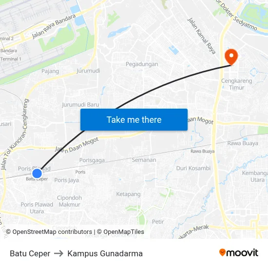 Batu Ceper to Kampus Gunadarma map