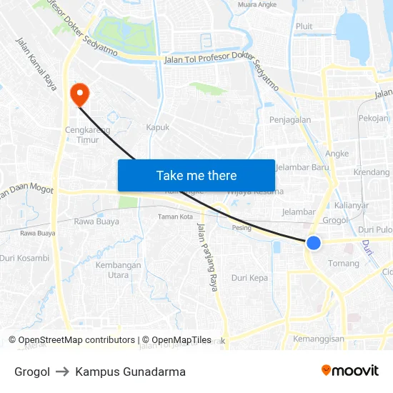 Grogol to Kampus Gunadarma map