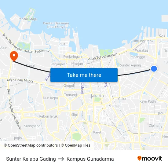 Sunter Kelapa Gading to Kampus Gunadarma map