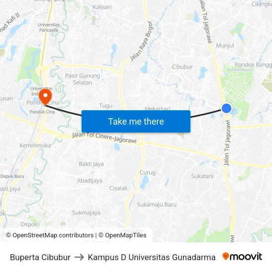 Buperta Cibubur to Kampus D Universitas Gunadarma map