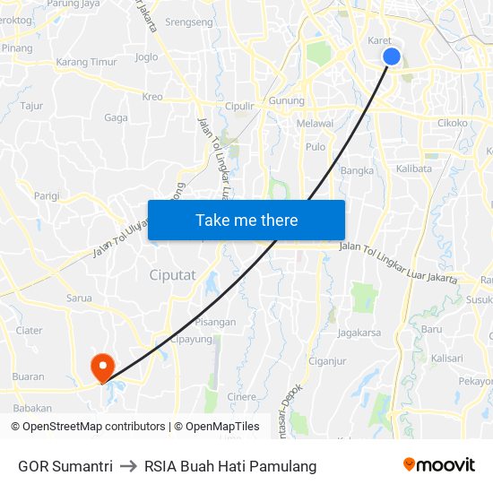 GOR Sumantri to RSIA Buah Hati Pamulang map