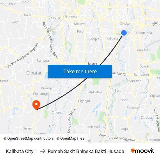 Kalibata City 1 to Rumah Sakit Bhineka Bakti Husada map