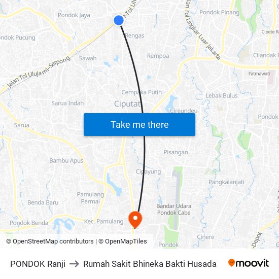 PONDOK Ranji to Rumah Sakit Bhineka Bakti Husada map