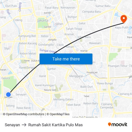 Senayan to Rumah Sakit Kartika Pulo Mas map