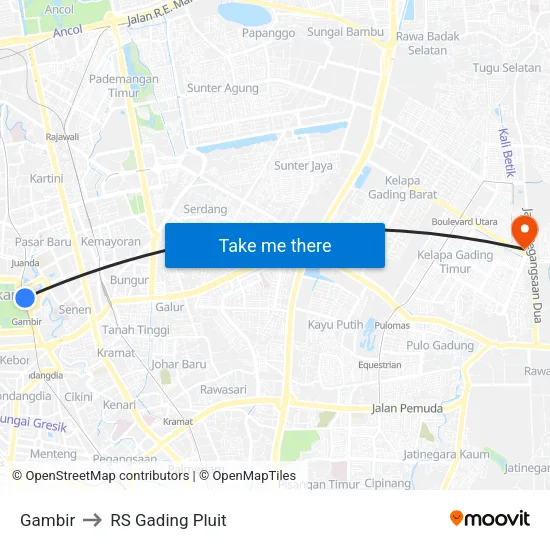 Gambir to RS Gading Pluit map
