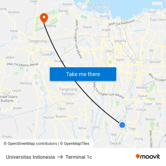 Universitas Indonesia to Terminal 1c map