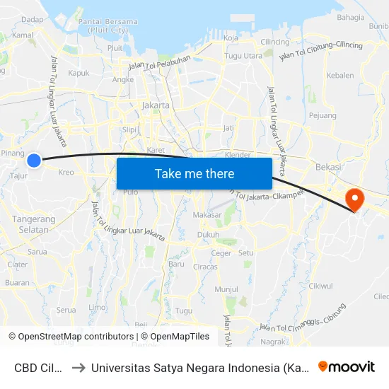 CBD Ciledug to Universitas Satya Negara Indonesia (Kampus B Usni) map