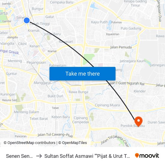 Senen Sentral to Sultan Soffat Asmawi ""Pijat & Urut Tulang"" map