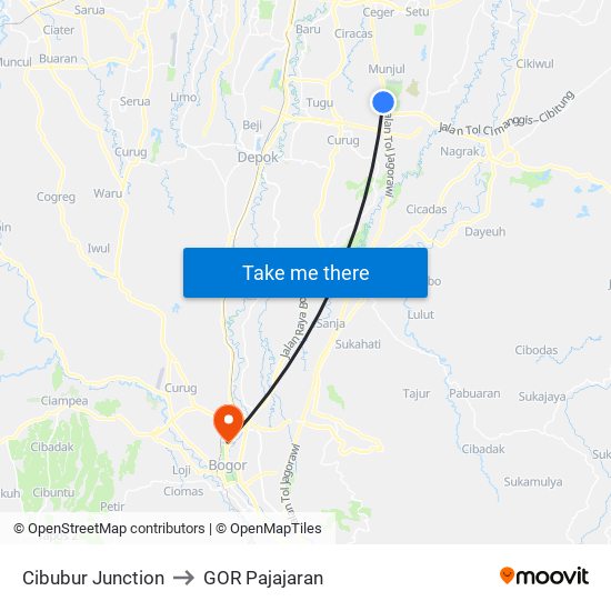 Cibubur Junction to GOR Pajajaran map