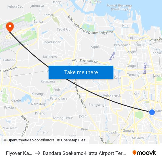 Flyover Karet to Bandara Soekarno-Hatta Airport Terminal 2 map