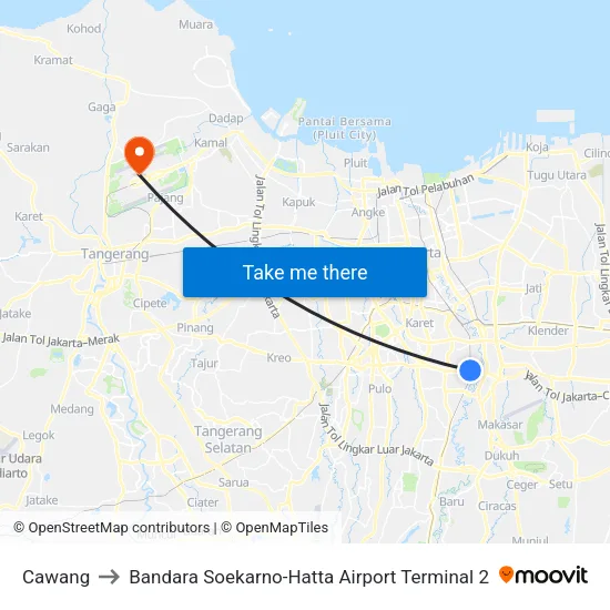 Cawang to Bandara Soekarno-Hatta Airport Terminal 2 map
