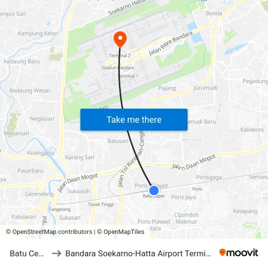Batu Ceper to Bandara Soekarno-Hatta Airport Terminal 2 map