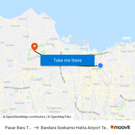 Pasar Baru Timur to Bandara Soekarno-Hatta Airport Terminal 2 map