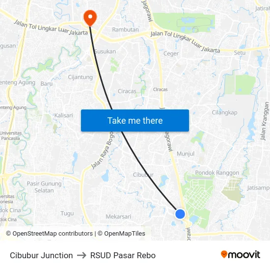 Cibubur Junction to RSUD Pasar Rebo map