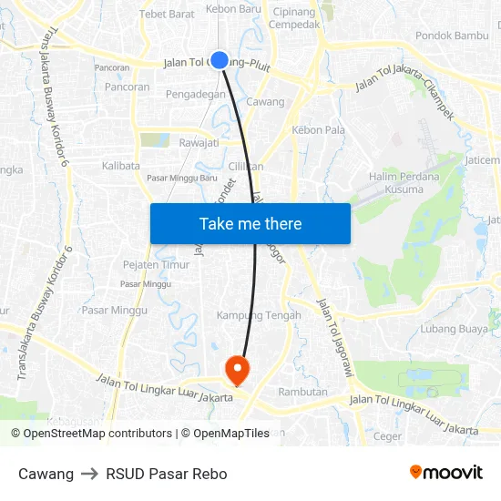 Cawang to RSUD Pasar Rebo map