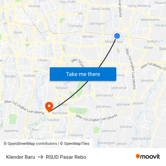 Klender Baru to RSUD Pasar Rebo map