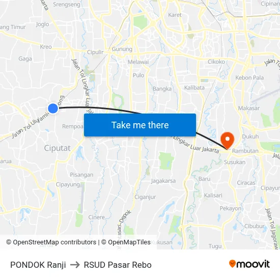 PONDOK Ranji to RSUD Pasar Rebo map