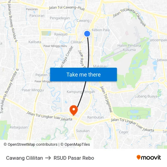 Cawang Cililitan to RSUD Pasar Rebo map