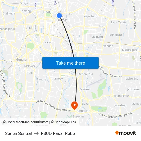 Senen Sentral to RSUD Pasar Rebo map