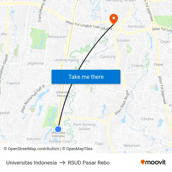 Universitas Indonesia to RSUD Pasar Rebo map