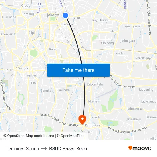 Terminal Senen to RSUD Pasar Rebo map