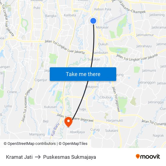 Kramat Jati to Puskesmas Sukmajaya map