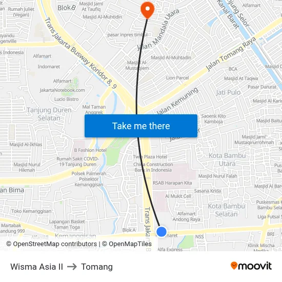 Wisma Asia II to Tomang map