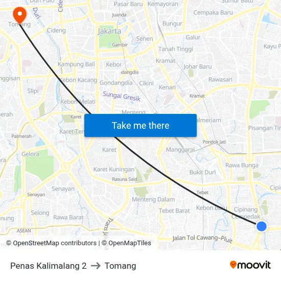 Penas Kalimalang 2 to Tomang map