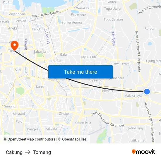Cakung to Tomang map
