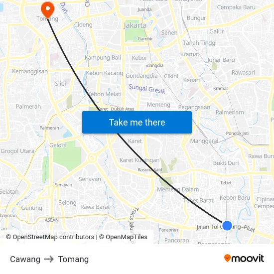 Cawang to Tomang map