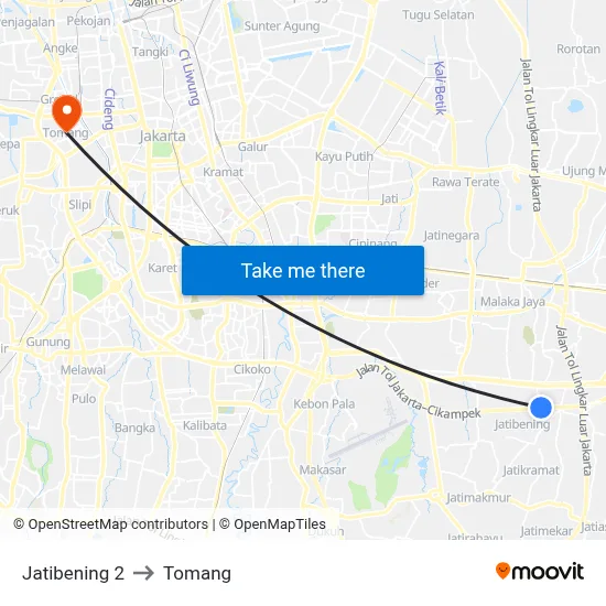 Jatibening 2 to Tomang map