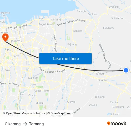Cikarang to Tomang map