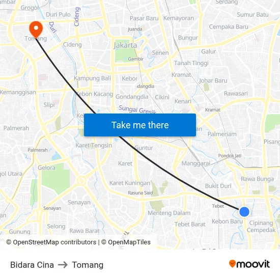 Bidara Cina to Tomang map
