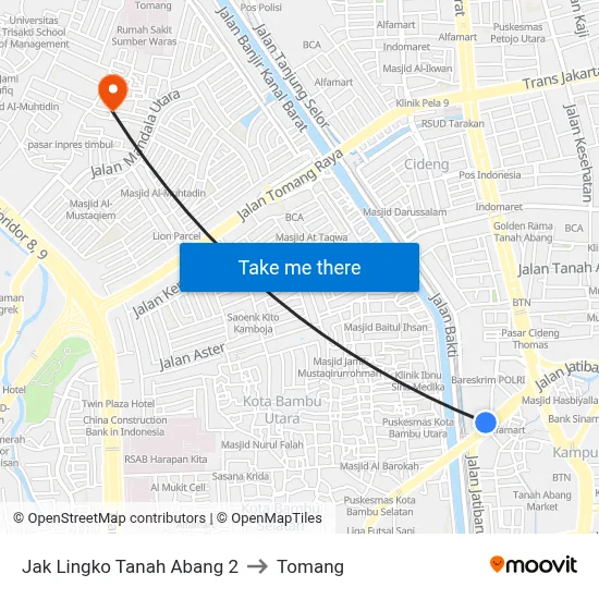 Jak Lingko Tanah Abang 2 to Tomang map
