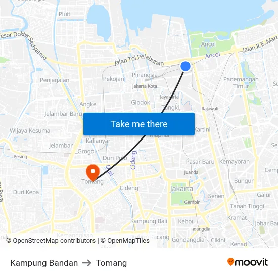 Kampung Bandan to Tomang map