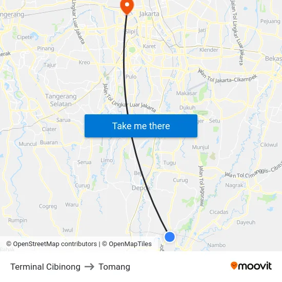 Terminal Cibinong to Tomang map