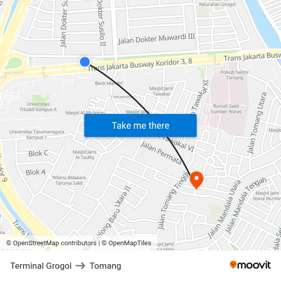 Terminal Grogol to Tomang map
