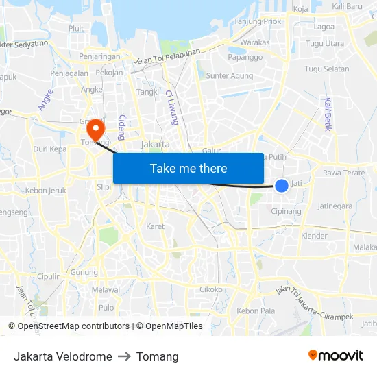 Jakarta Velodrome to Tomang map