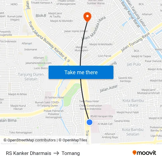 RS Kanker Dharmais to Tomang map