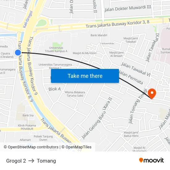 Grogol 2 to Tomang map