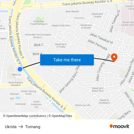 Ukrida to Tomang map